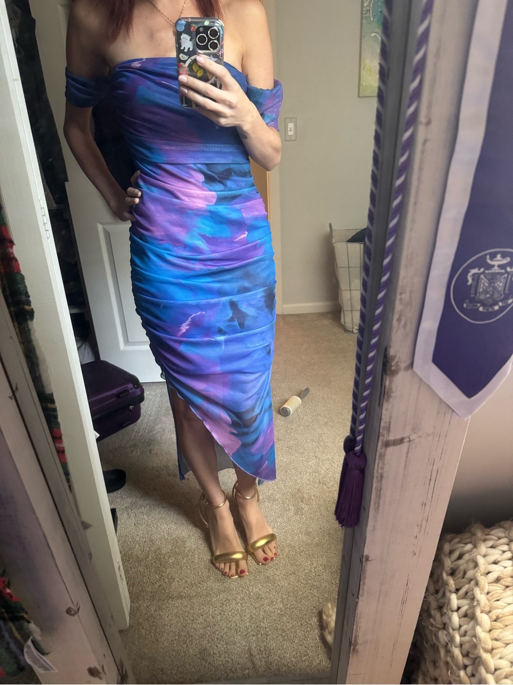 Off-The-Shoulder Midi Dress in Blue & Purple Abstract